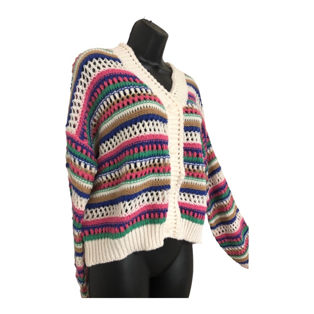 Vigoss Cream multistriped crochet‎ knit grandpa cardigan sweater size large new - Picture 10 of 16